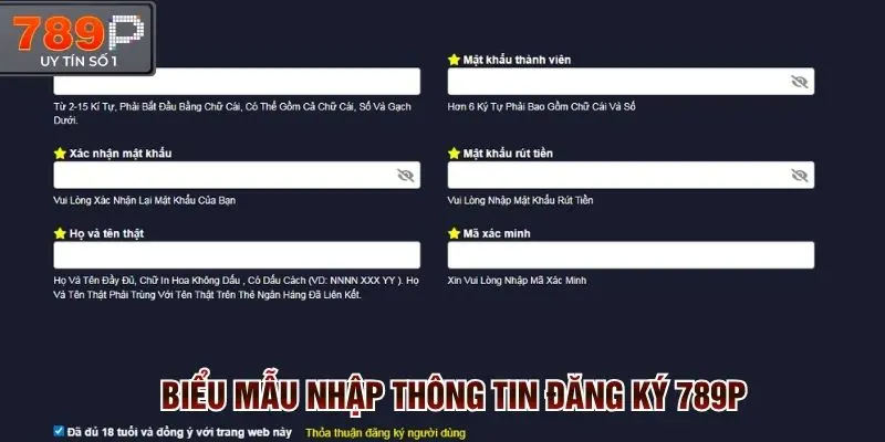 Biểu mẫu nhập thông tin đăng ký 789p trên trang chủ chính thức